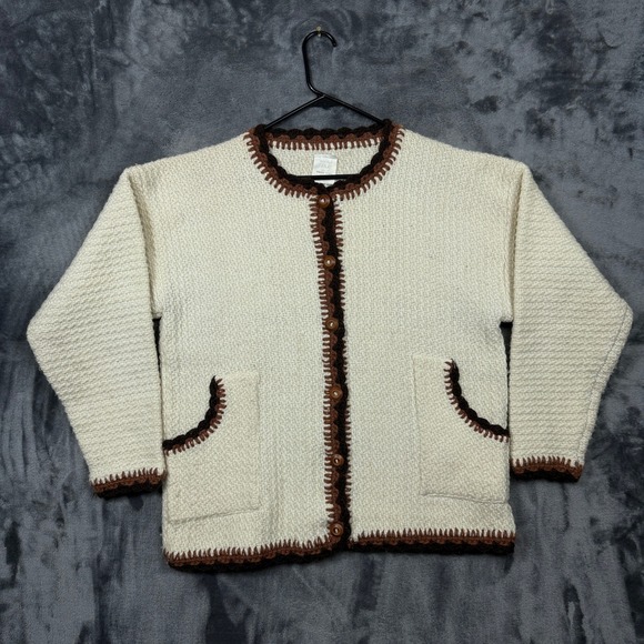 JMC Handknit Sweaters - JMC Cardigan Sweater Womens XL Cream Excellent Hand Knit Virgin Wool Ecuador